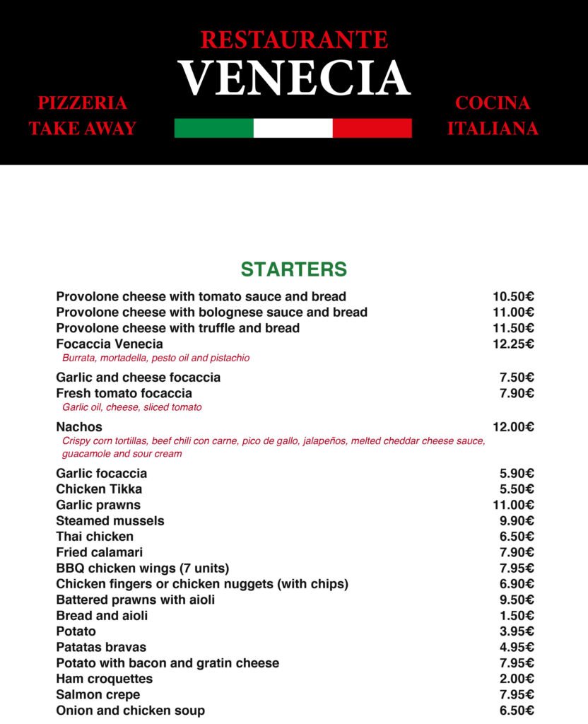 Venecia Pizzeria Menu